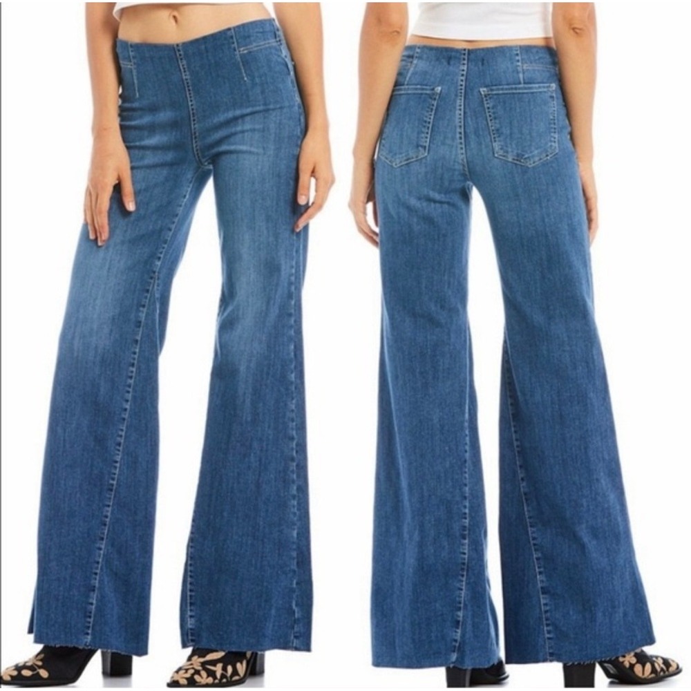 Free People Skyline Flare Pull On Jeans Womens 27 Blue High Rise Raw Hem Boho